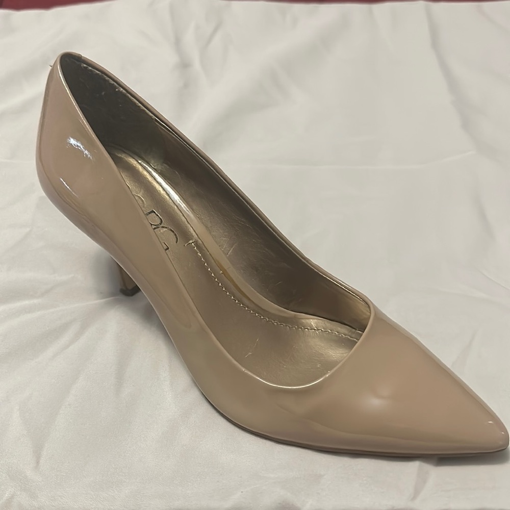 BCBG pointed toe pumps in nude patent leather